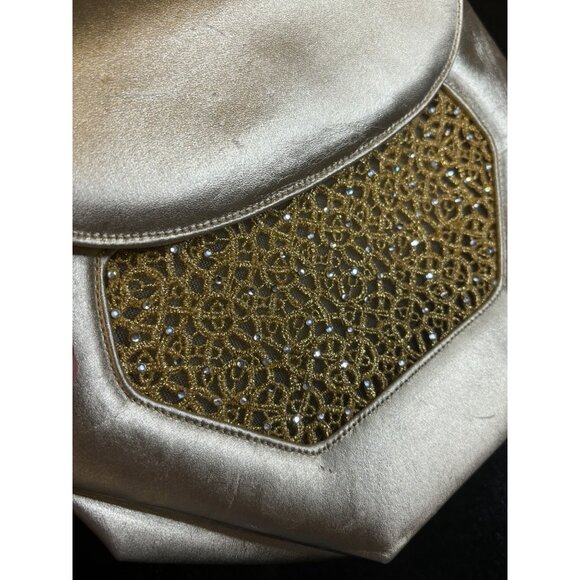 Vintage Stuart Weitzman Gold Evening Bag Embellished Lace Overlay Rhinestone - Picture 4 of 10